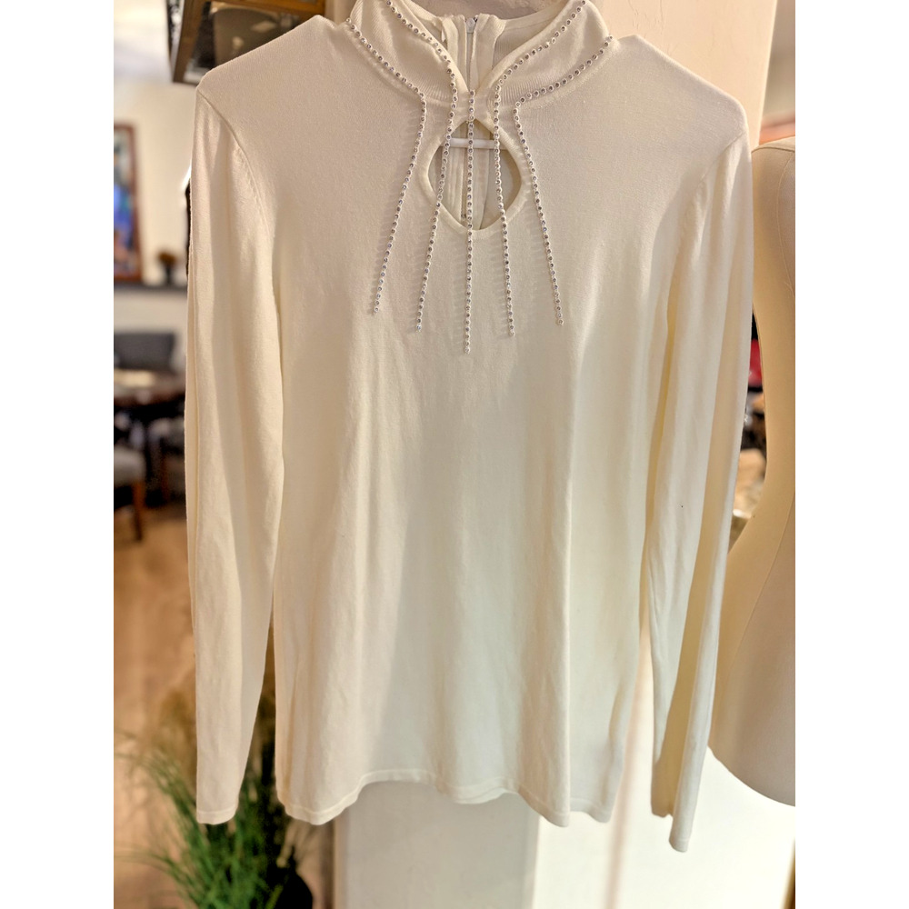 Reba Embellished Rhinestone Sweater Cut Out Ivory Long Sleeve small 4-8